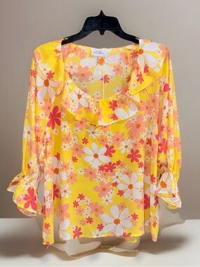 Wonderly Yellow Floral Ruffle-Trim Blouse